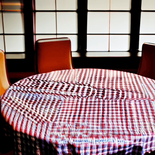 AI generated: photograph, one round table with a red white checkered cloth:: 4 wooden chairs, 4k, impressionist, a...