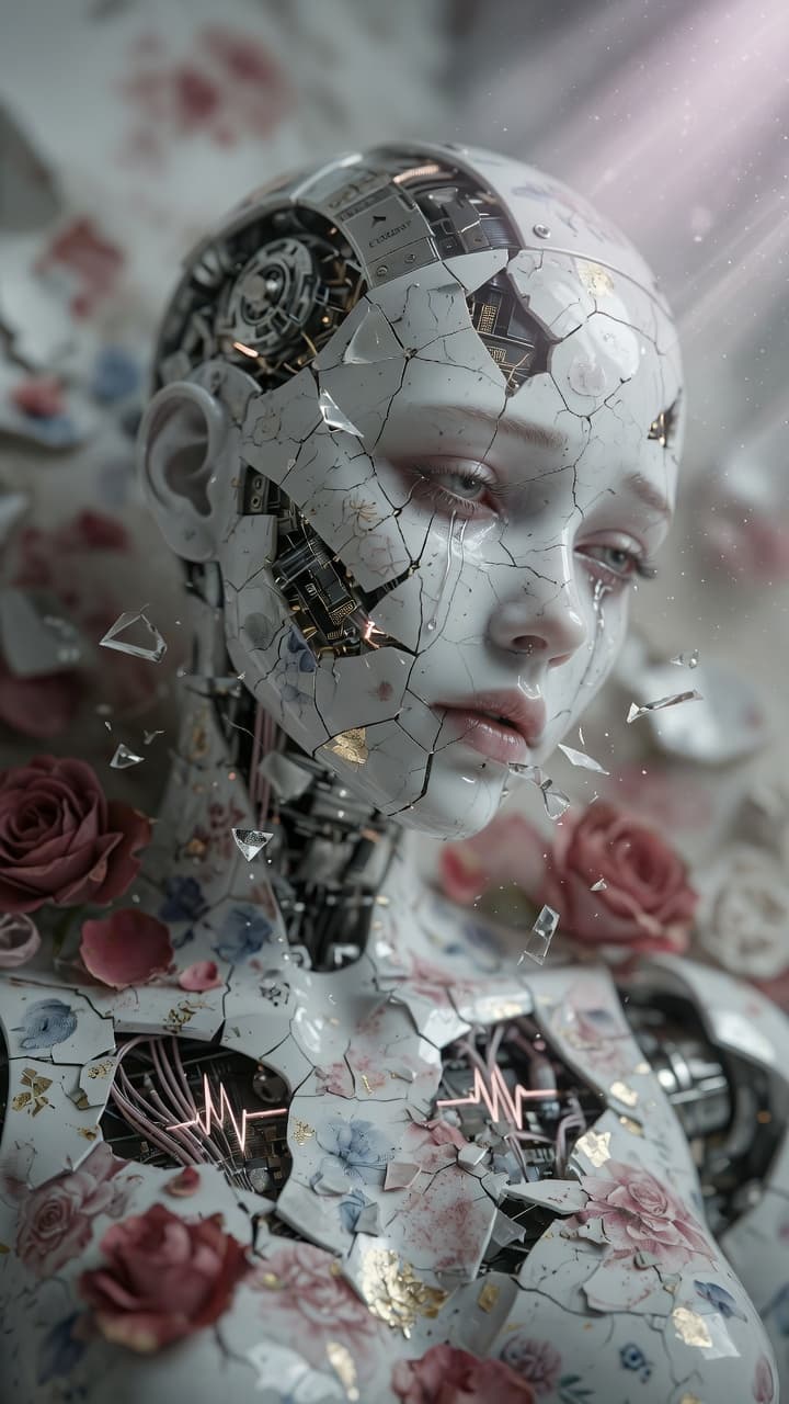 AI generated: Ultra-realistic photographic portrait of a beautiful humanoid female android dying, close-up on her ...
