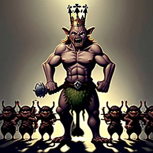 AI generated: High resolution Tall Hobgoblin with a Crown leading a Goblin Army into battle against Hamsters and C...