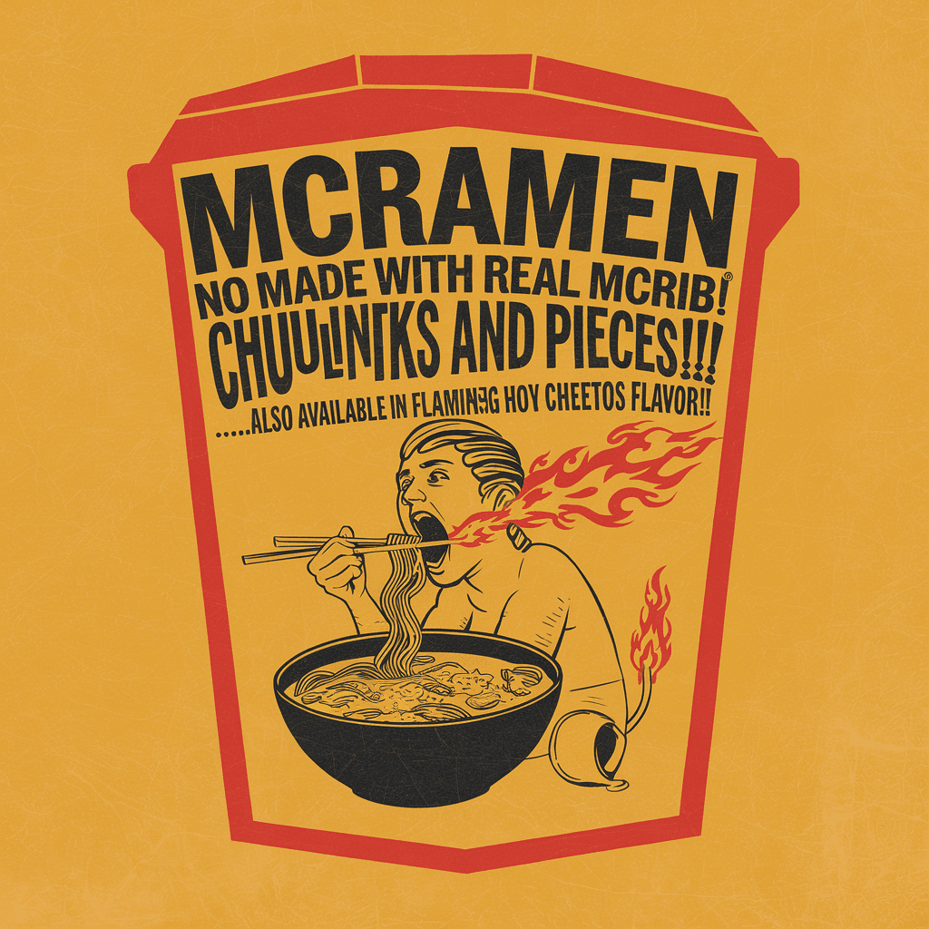 AI generated: A McDonald's Cardboard Soup container that has the contrasting text that reads "McRamen ~ no made wi...