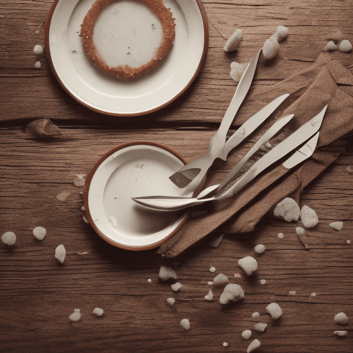 AI generated:  photograph of a broken plate with a fork and knife on a wooden table, cinematic 4k epic detailed 4k...