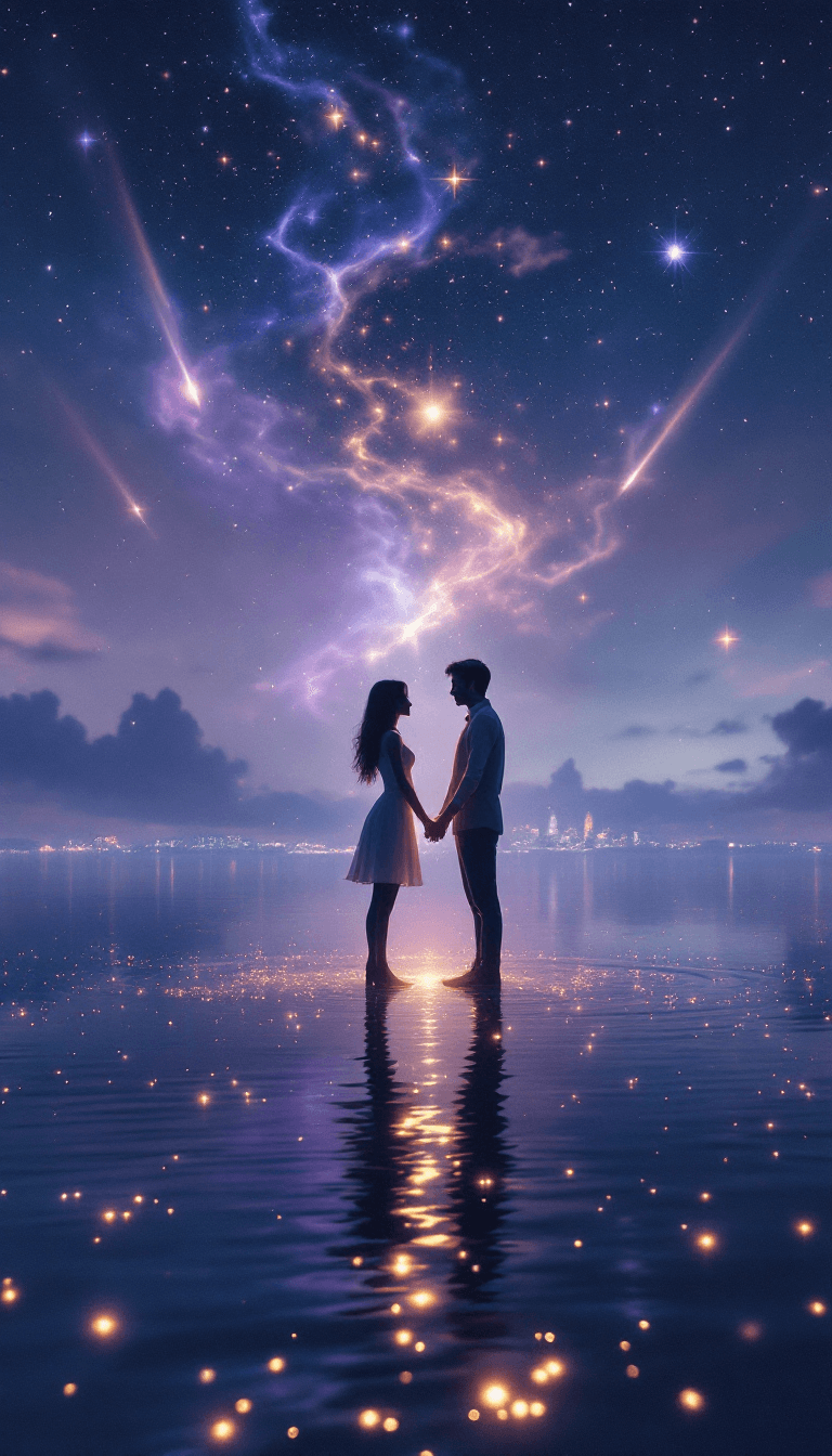 AI generated: Two souls stand hand in hand beneath an endless sky, surrounded by a dreamy, surreal landscape bathe...