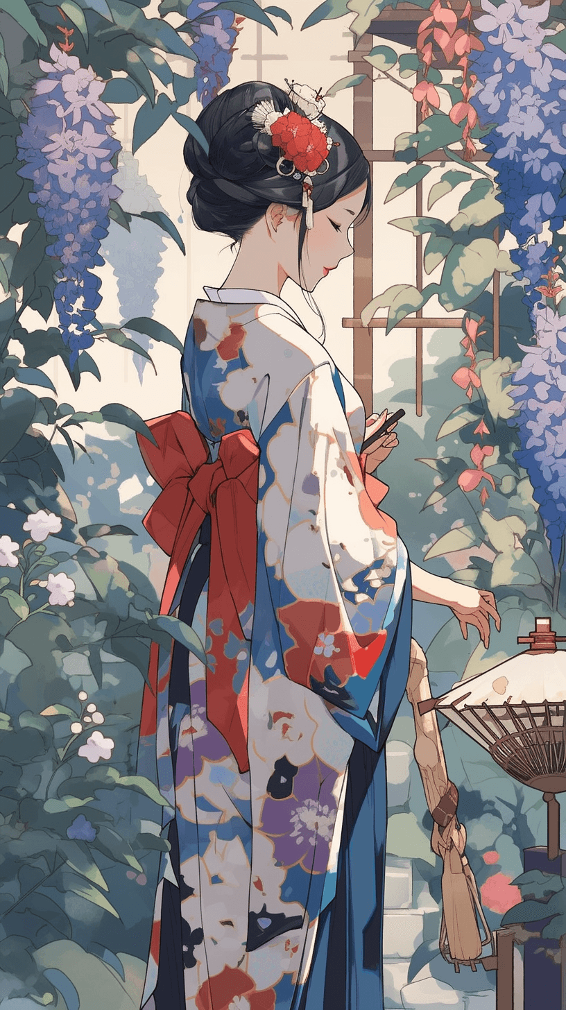 AI generated: Tracking Shot of a vibrant photograph of a graceful geisha from the Edo Dynasty in a colorful kimono...