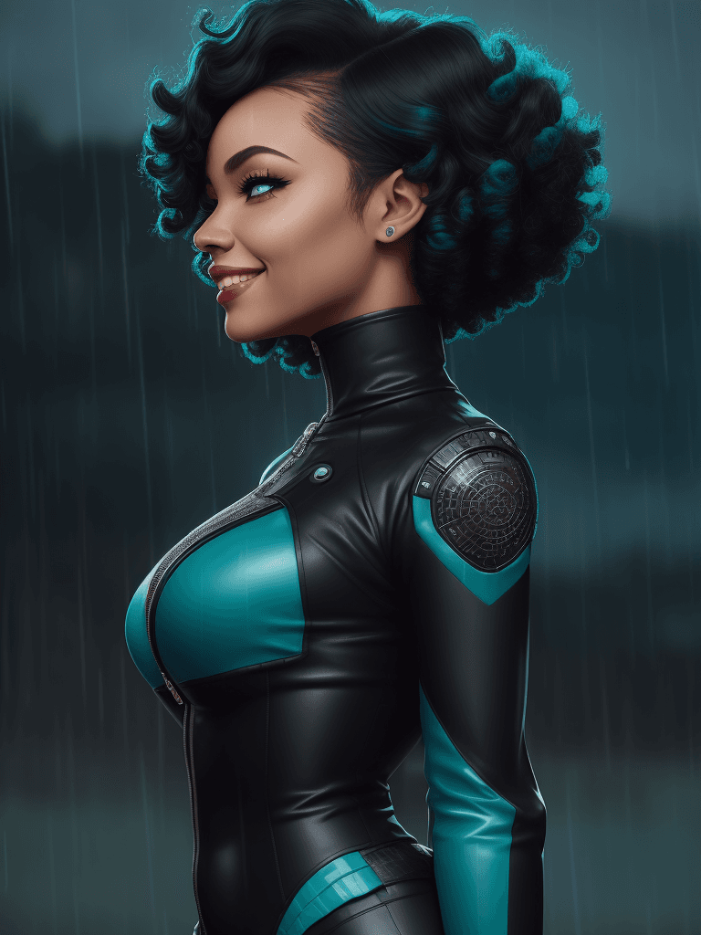 AI generated: a woman with short peppered hair standing in the rain, (Nessa Barrett), smiling, wearing a (crop jac...