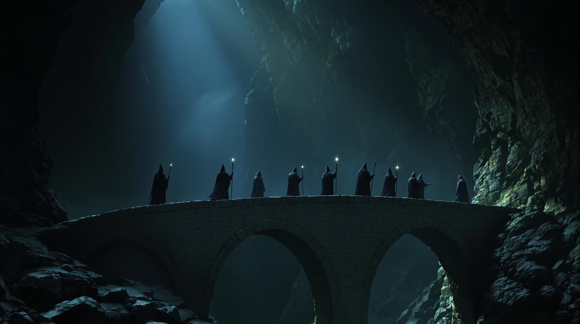 AI generated: a fantastical scene of a group of robed figures in the distance standing on a bridge in a cave. The ...