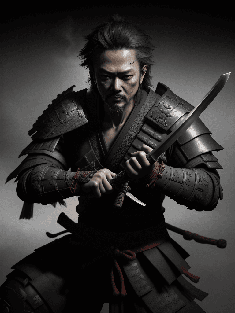 AI generated: 12th-century samurai in the style of Yoji Shinkawa, holding a sword with both hands, Volumetric ligh...