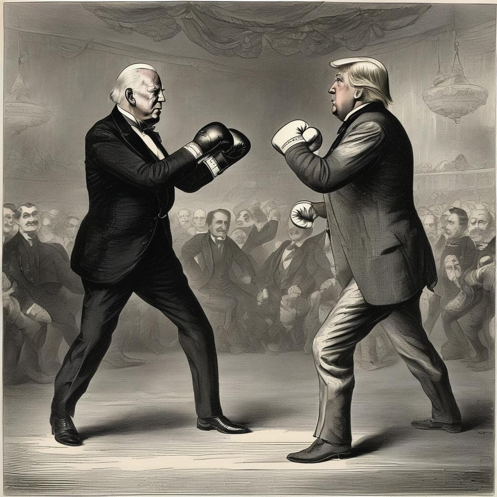 AI generated: (Joe Biden, 1.3)(Donald Trump, 1.3) boxing, A cartoon in the style of John Tenniel, Punch magazine, ...