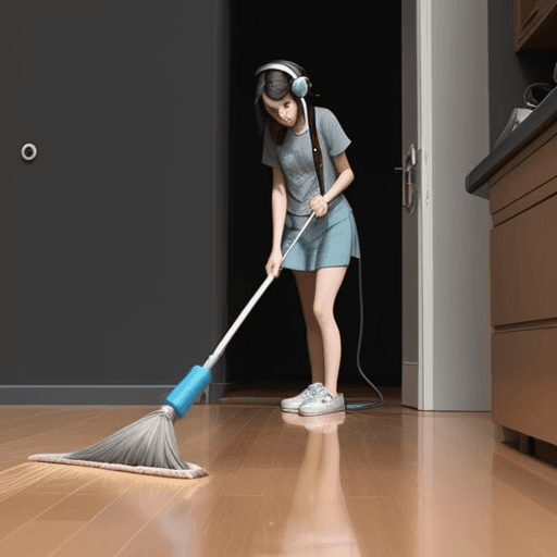 AI generated: a girl using headphone while sweeping the floor