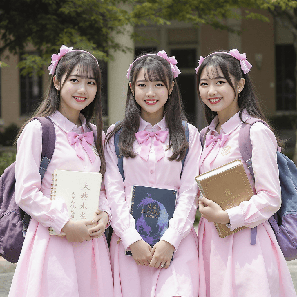 AI generated: Three cute Caucasian 21-year-old women. Smiling. Wearing pink fairy kei uniforms. At school. Carryin...