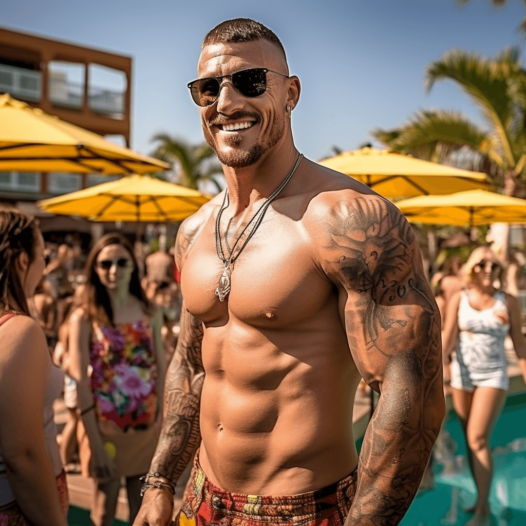 AI generated: A very attractive man, at the pool party full body, 25 years old, muscular man, large sholders, natu...