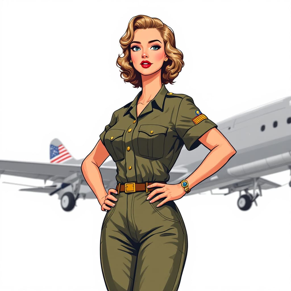 AI generated:  50s PIN up 3 girl, breast 150, green army , White navy, Blue Air force uniforms cartoon old style 