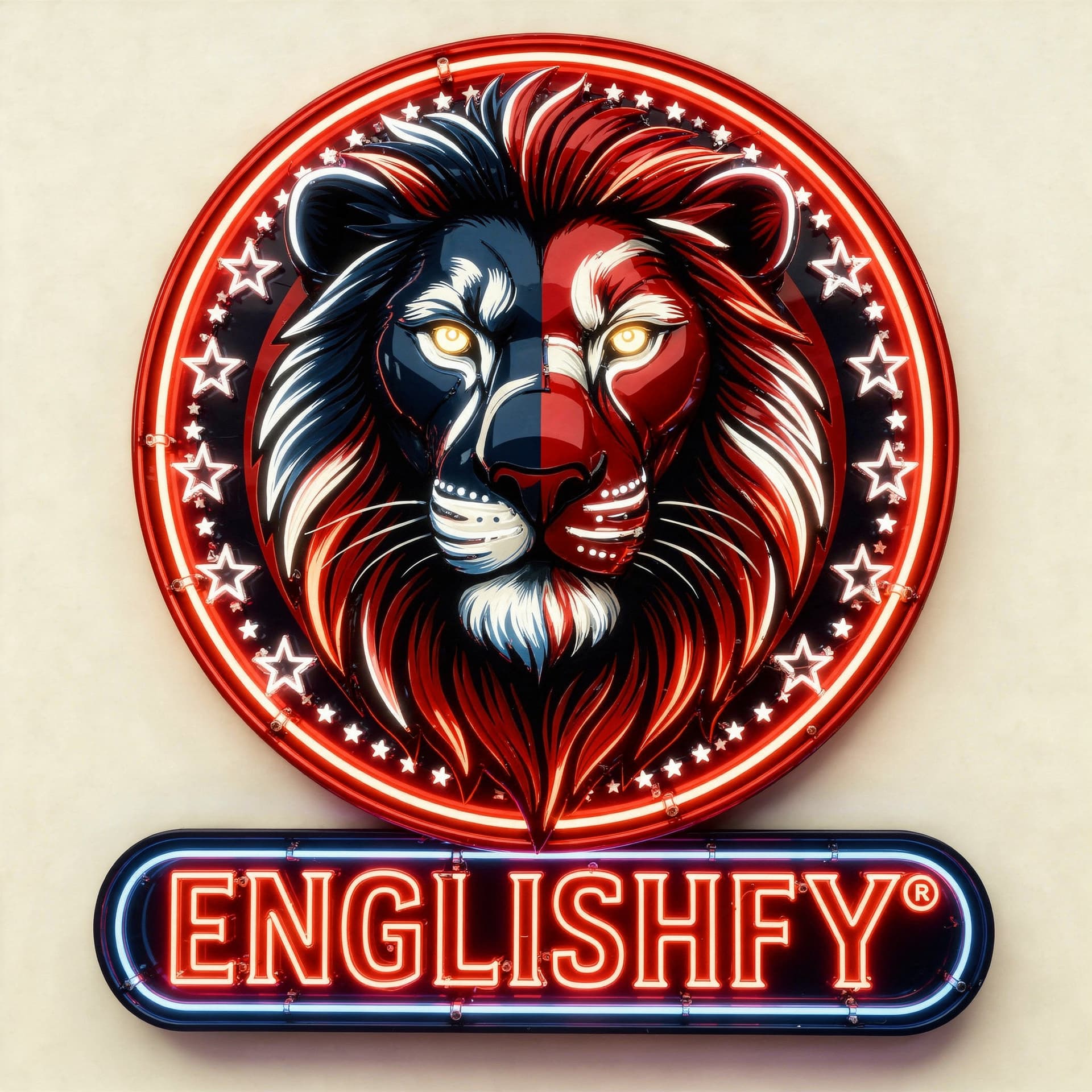 AI generated: Design a premium neon patriotic lion head emblem with luxury branding using only USA flag colors: re...