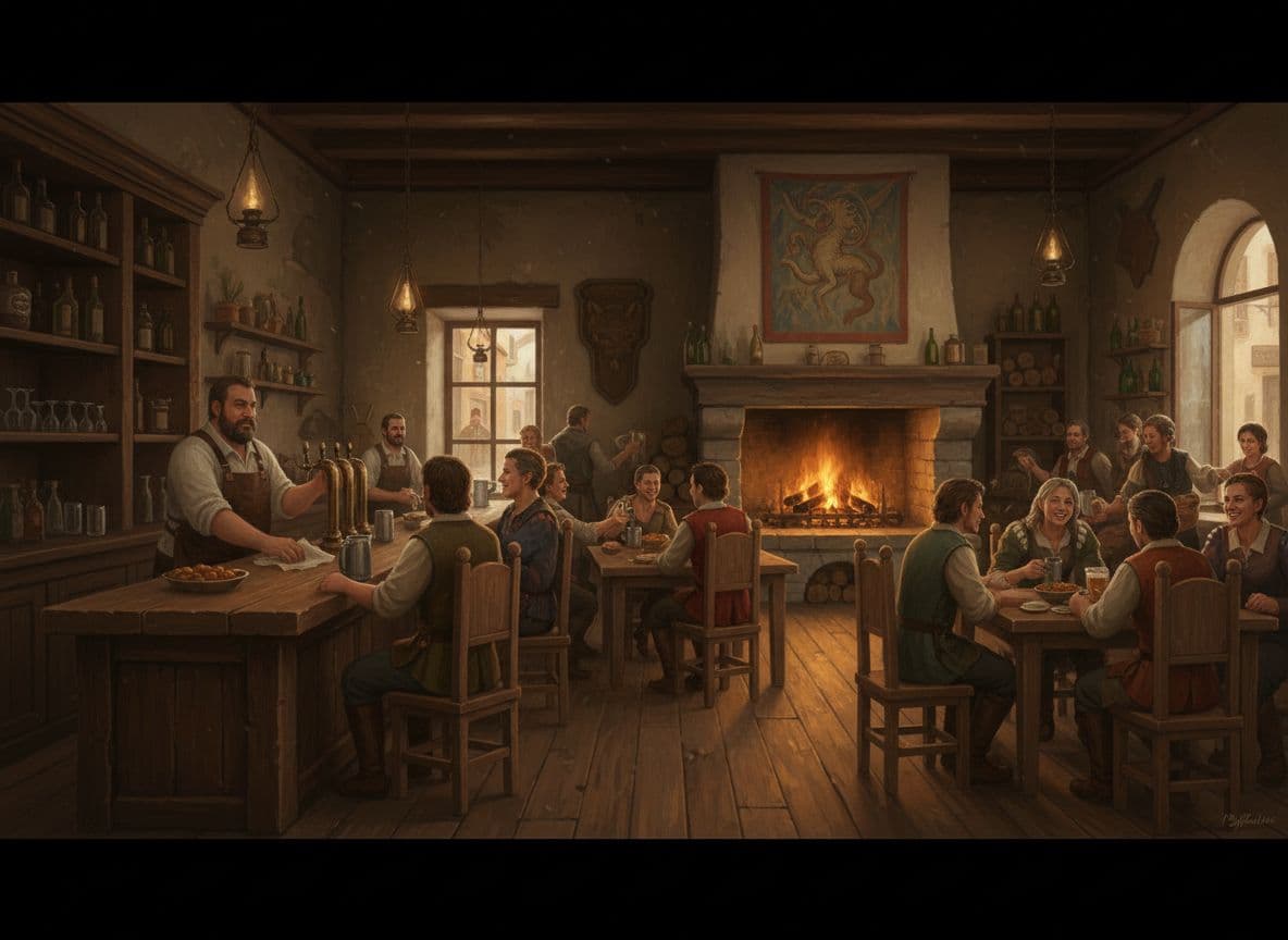 AI generated: Quiero que me des esta imagen girando la cámara 180º. Muestrame la otra parte de el bar 