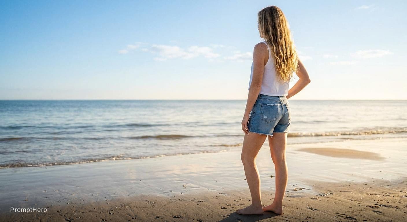 AI generated: The woman stands on a sandy beach with her back to the camera. She has long, wavy blonde hair that c...