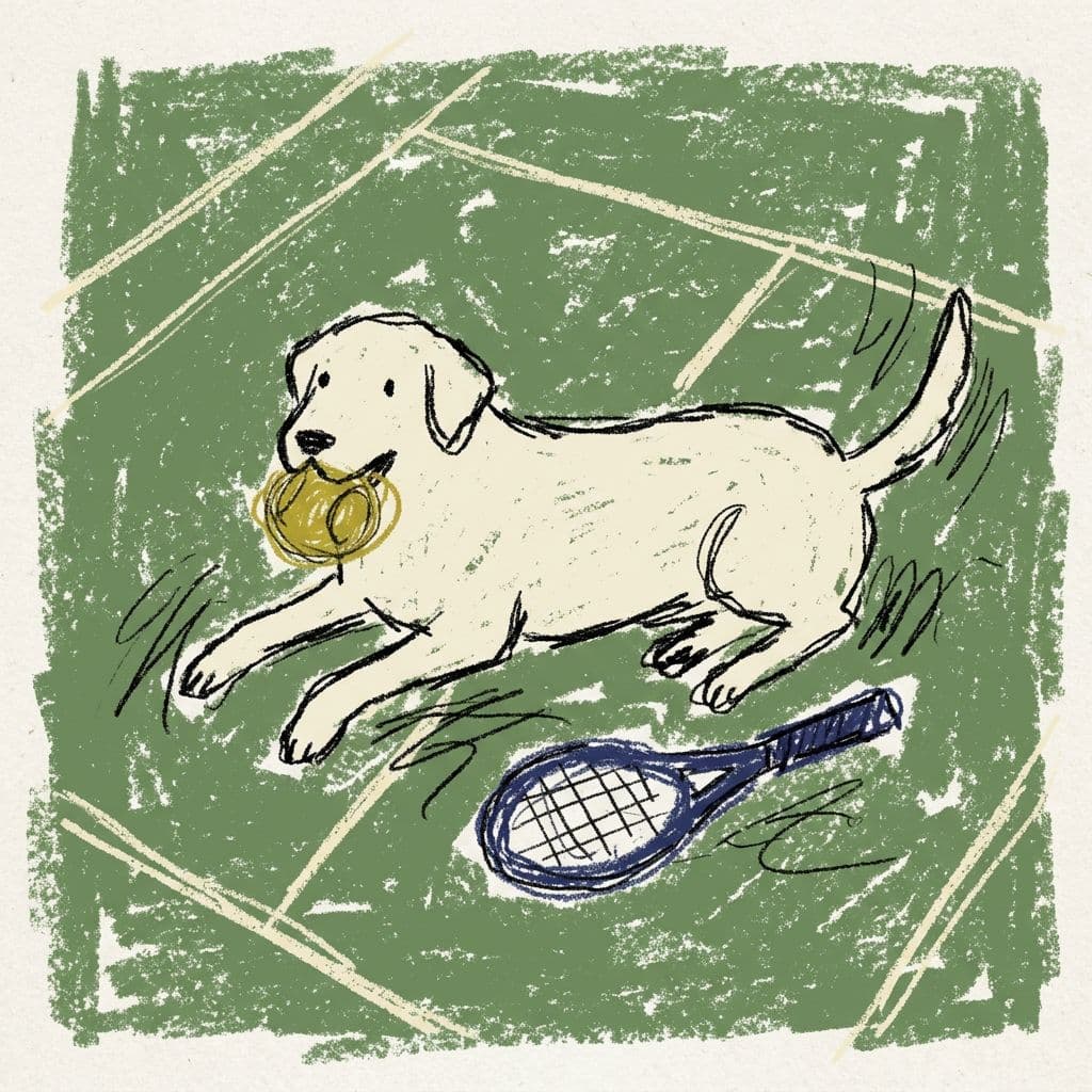 AI generated: white long-haired labrador lying on a tennis court, holding a tennis ball in its mouth, a tennis rac...
