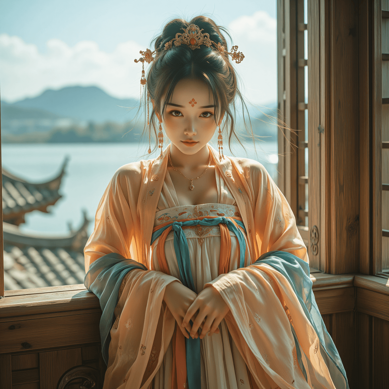 AI generated: A medium shot, eye-level portrait of a beautiful young woman in traditional Chinese Hanfu leaning ca...