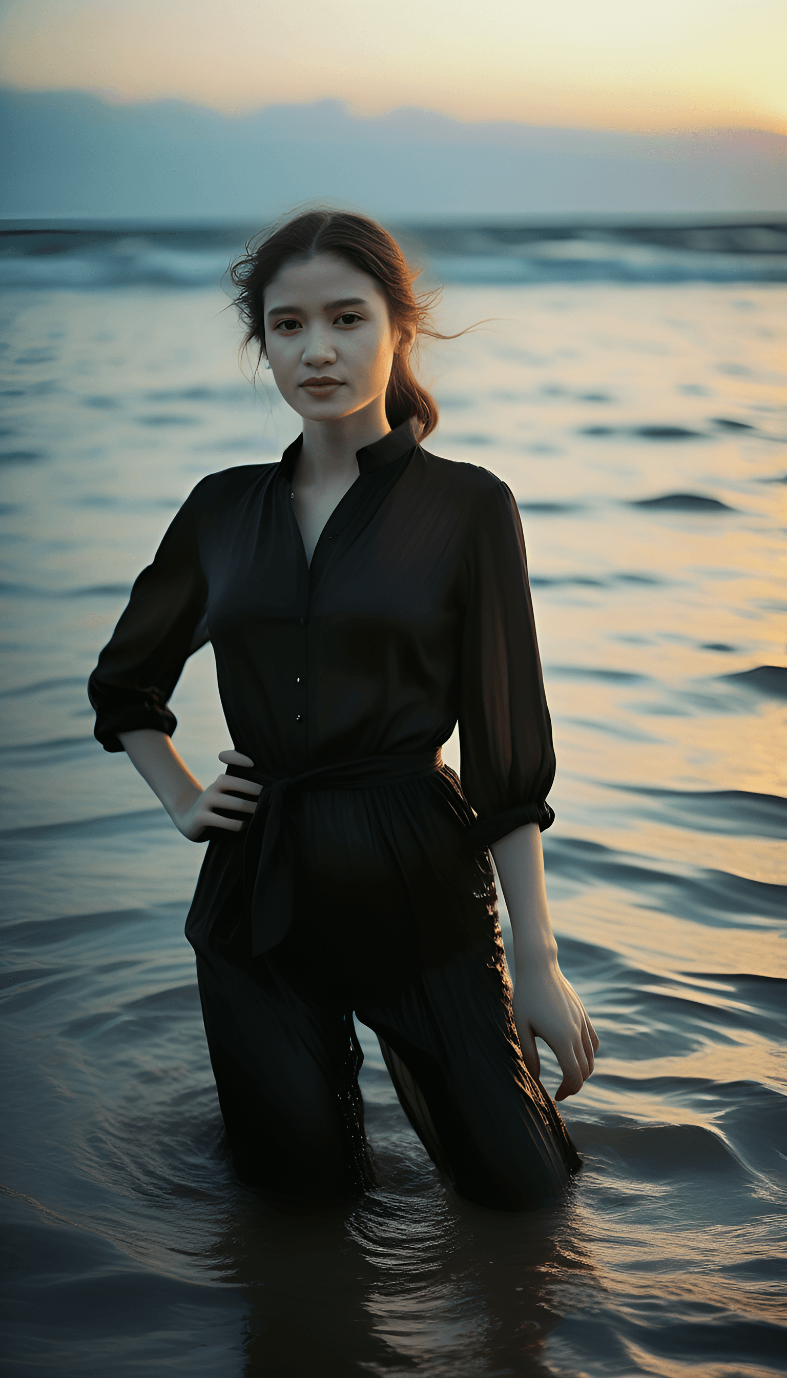 AI generated: woman in black walking in the water, in the style of ethereal escapism, elegant, emotive faces, mela...