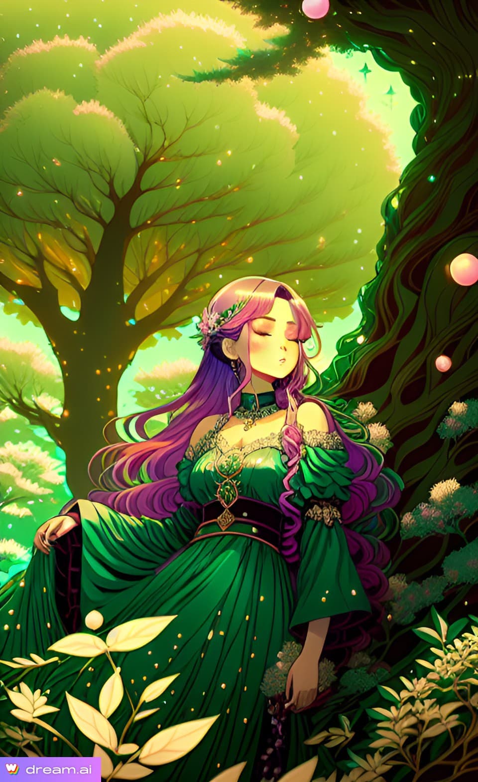 AI generated: "anime nymph with flowing pearl gown under a mystical tree, beautiful, serene scene"
