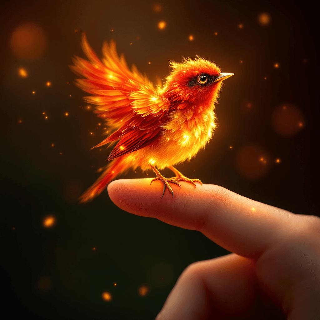 AI generated: A **detailed and enchanting** image of a **tiny fire bird**, delicately **perched on a person’s fing...