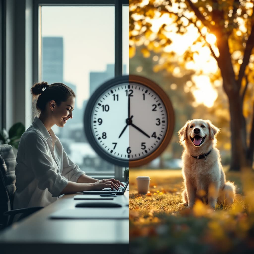 AI generated: Split-frame photorealistic image (8K) showing work-life balance: Left side—a focused professional in...