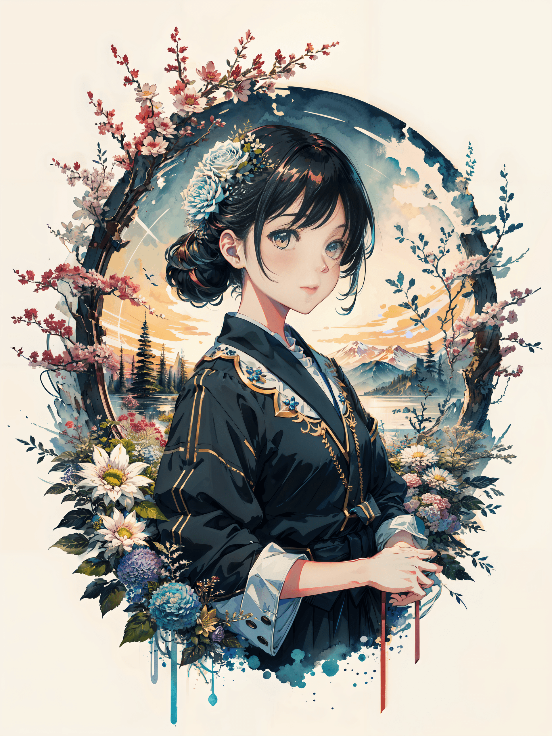 AI generated: 1girl, solo, color ink, scenery, flower, water, white background, (monochrome:0.4), (masterpiece), (...