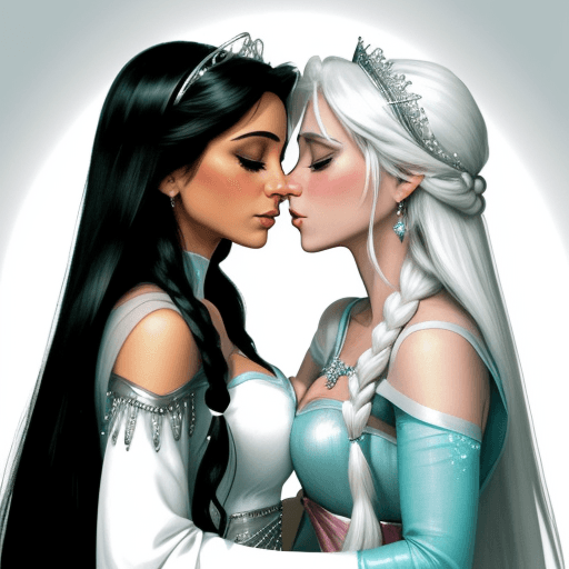AI generated:  Elsa, white and pink and silver white hair , lesbian, kissing 
Holding each other Princess Jasmine ...