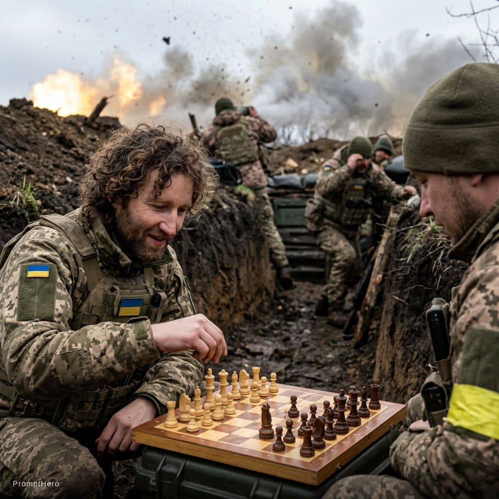 AI generated: this man in the war trenches of ukraine
playing chess while bombs are dropping
