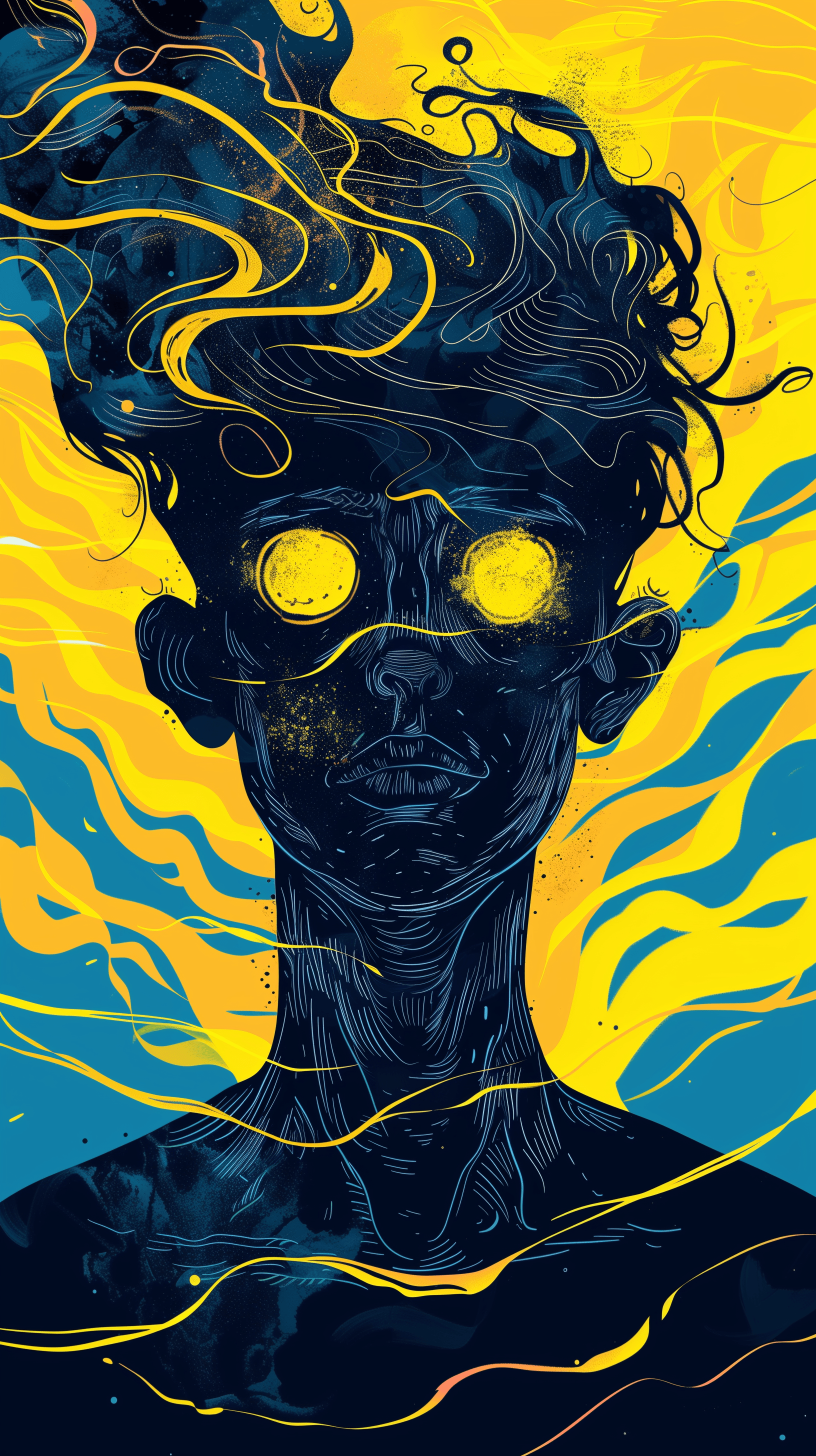 AI generated: illustration art, upper-body,man, front, gaze, bright yellow eye, black and yellow with blue limit t...
