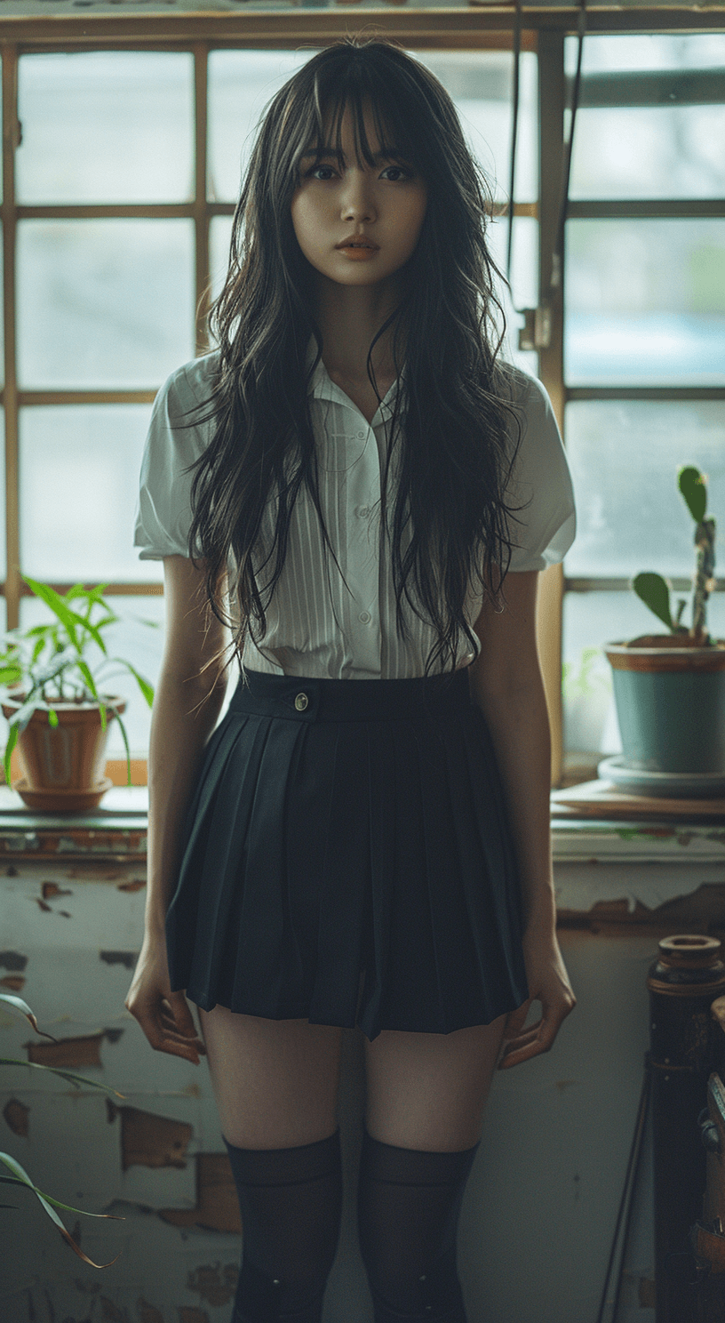 AI generated: beautiful Japanese woman in a cosplay Japanese high school uniform with long socks, shot on a Sony a...