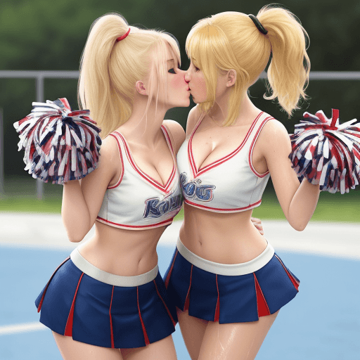 AI generated: Blonde, 2_girls, cheerleader, lesbian, kissing, wet, short_skirt top cleavage