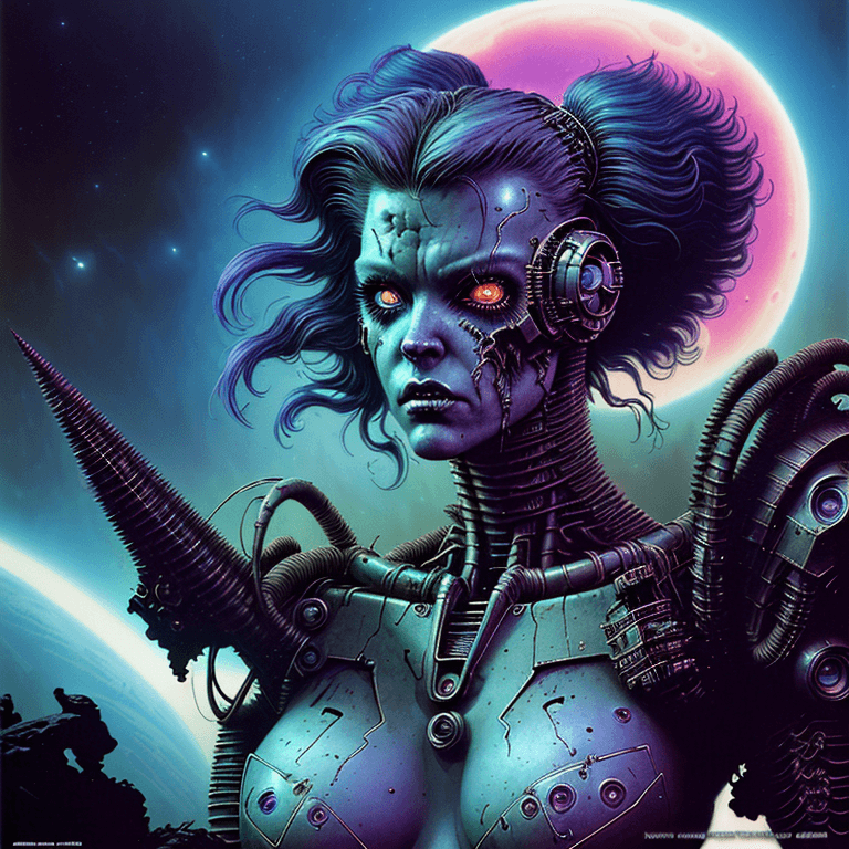 AI generated: a Beautiful rugged female post apocalyptic retrowave synthwave cyborg hero, space age, creepy eerie ...