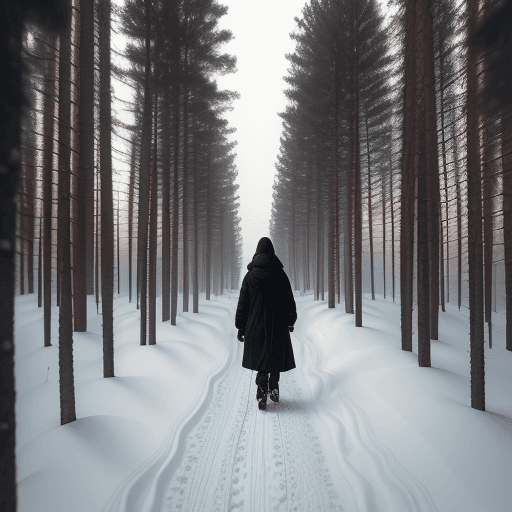 AI generated: Scandinavian forest pines, woman walking on the snow  in black coat with hood. Light in horizon 
