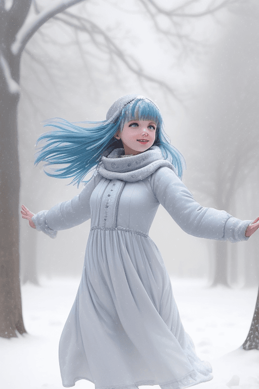 AI generated: a girl in a snowy dress dances in winter, snow is falling, there is a lot of snow on the branches of...