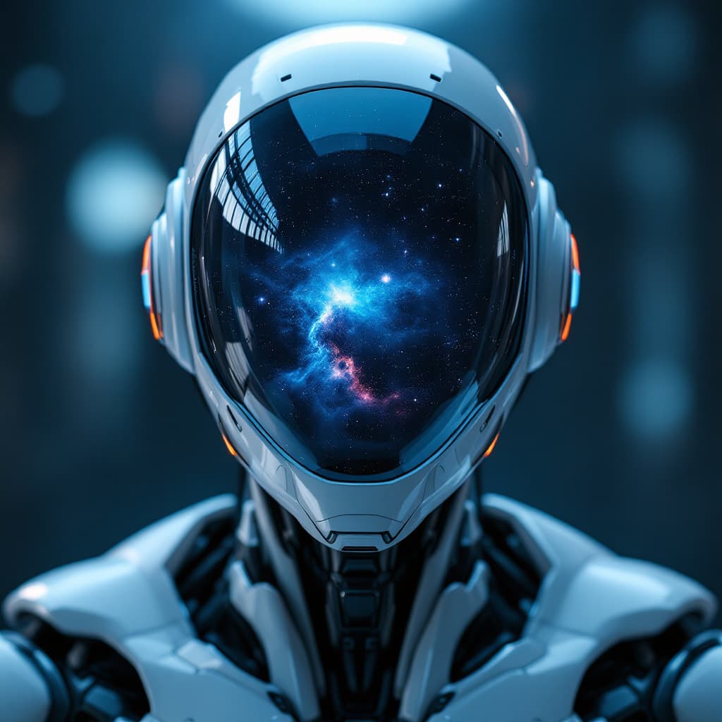 AI generated: a highly detailed cinematic closeup frontal portrait, humanoid robot with a reflective, dome-shaped ...