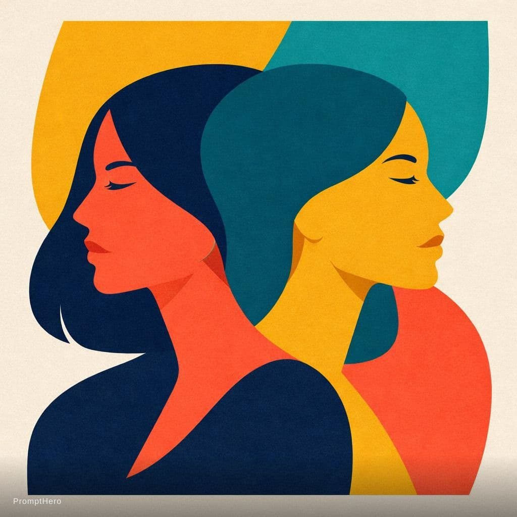 AI generated: modern abstract portrait of two overlapping female profiles facing opposite directions, bold color b...
