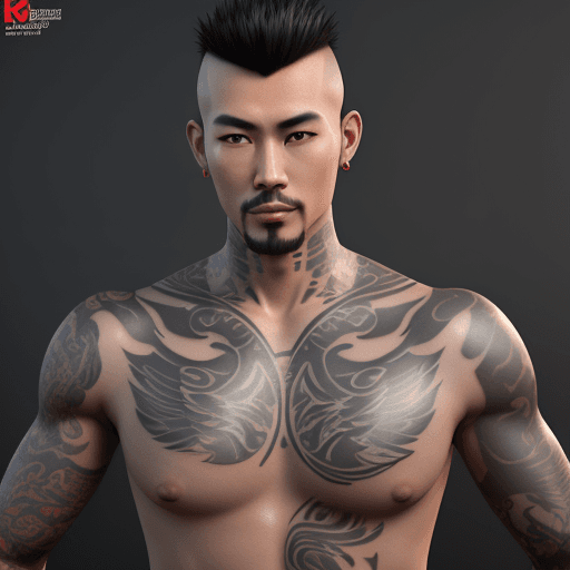 AI generated: 3d rendering of a handsome asian man covered in tattoos, with short black buzzed hair, goatee, and a...