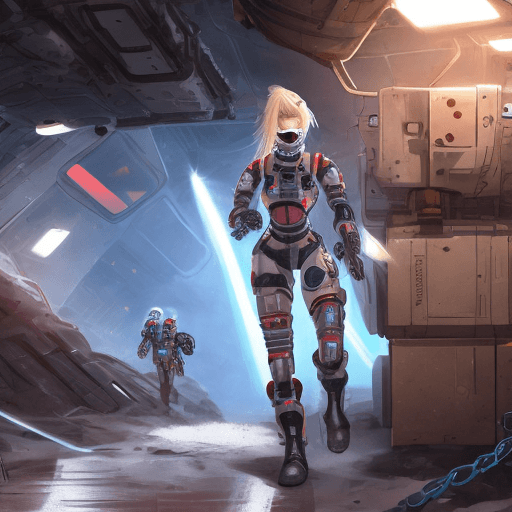 AI generated: 2D Animation of a freckled woman with ponytailed blonde hair, in a mechanized exosuit. She's in a va...