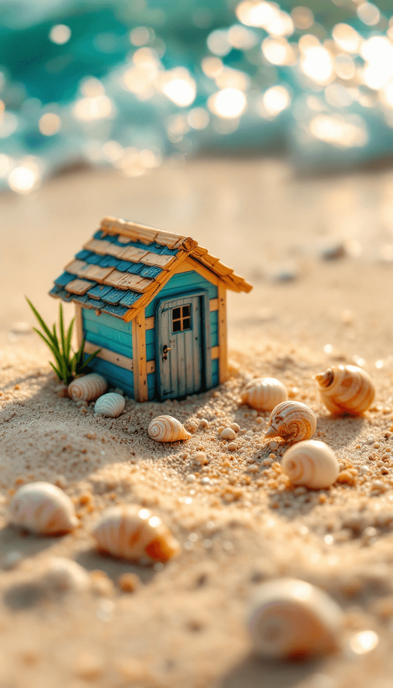 AI generated: miniature detailed beach hut set in the clear dreamy sand in the side some sea ​​snail shells, in th...