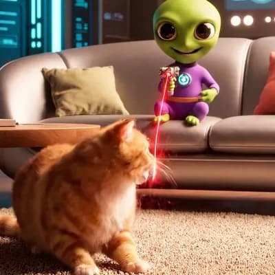 AI generated video: A cat playing with a small martian