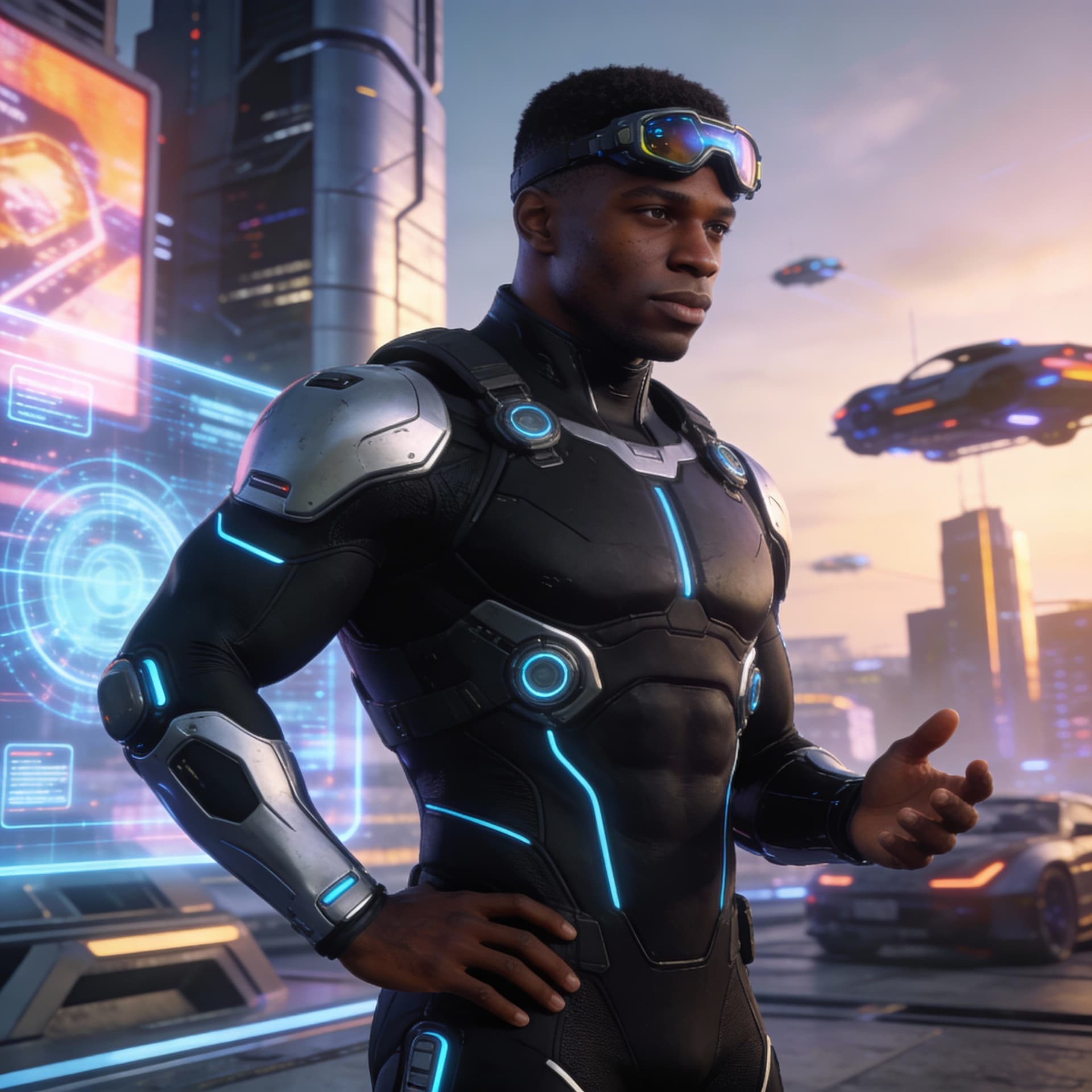 AI generated: Create a new image of the reference character: this AI Black male (Izuku) character operative, Aethe...