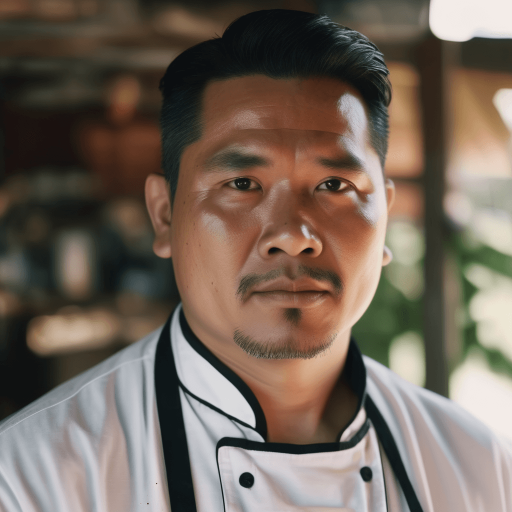 AI generated: A mesmerizing 4K close-up of a Filipino chef in spring daylight, featuring piercing eyes and a cinem...