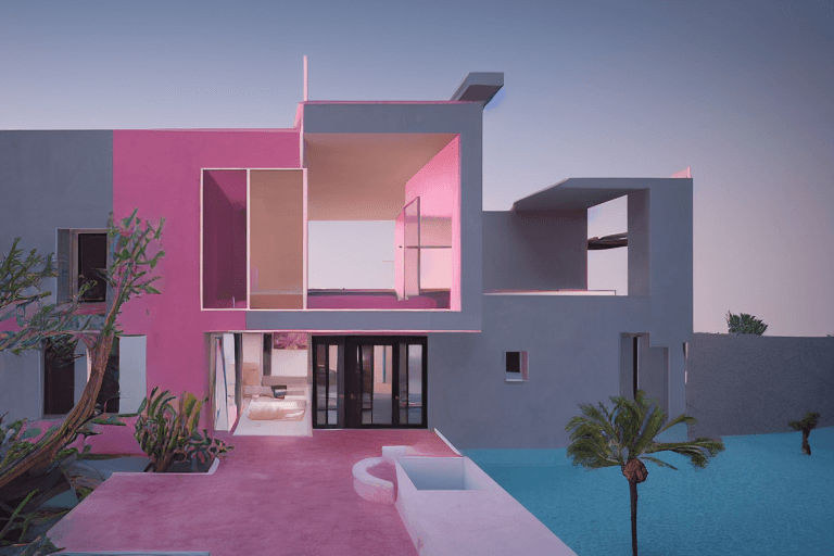 AI generated: very small modern villa, cubic architecture, Bauhaus style mix to Islamic architecture, pink concret...
