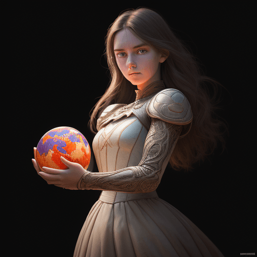 AI generated: a girl holding a ball of earth in her outstretched arms against the background of infinityLeica 50mm...