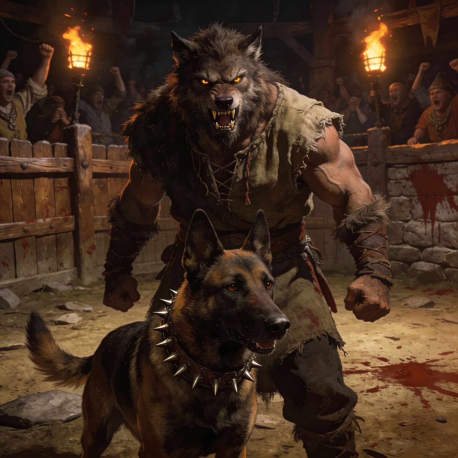 AI generated: a muscular hairy man with wolf like eyes and fangs tattered peasant clothes with a large malinois do...