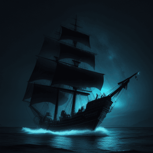 AI generated: (Pirate ship sailing into a bioluminescence sea with a galaxy in the sky), epic, 4k, ultra,