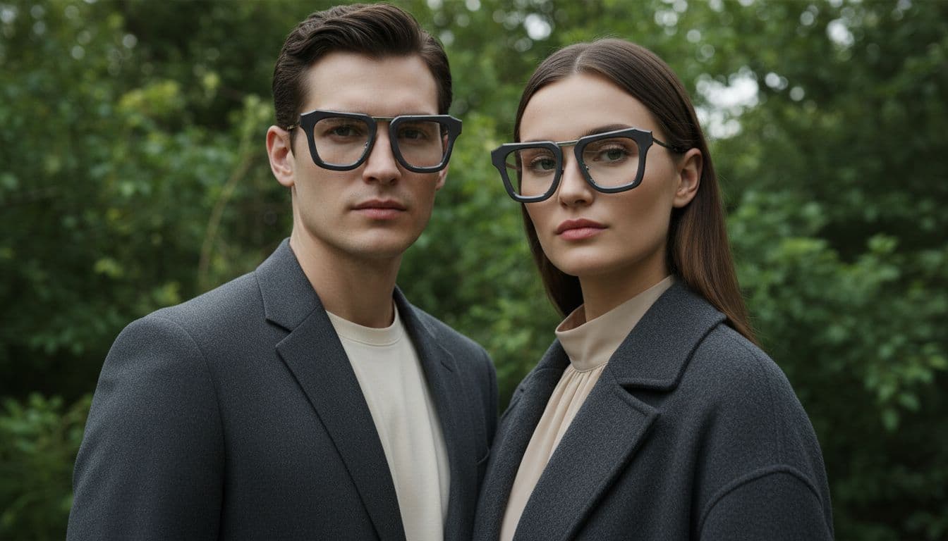 AI generated: Professional outdoor fashion photoshoot, close-up portrait of a man and a woman looking straight,  s...