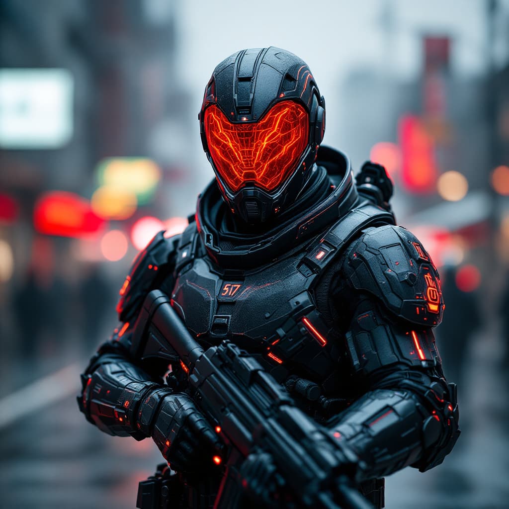 AI generated: Futuristic soldier with advanced armor, weaponry, and helmet, neon red, street, overcast, reflection...