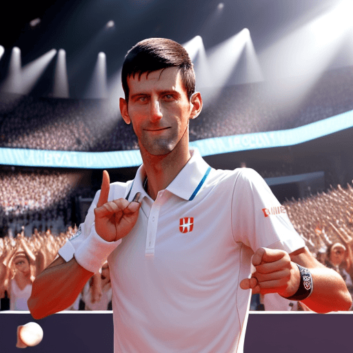 AI generated:  Novak Djokovic un micro a la main, habillé en chanteur de rap, fait un signe de la main sous les su...