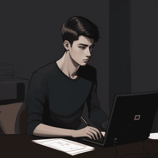 AI generated: young man, siting at computer in room, sketch style off image, 7 meters, dark colors