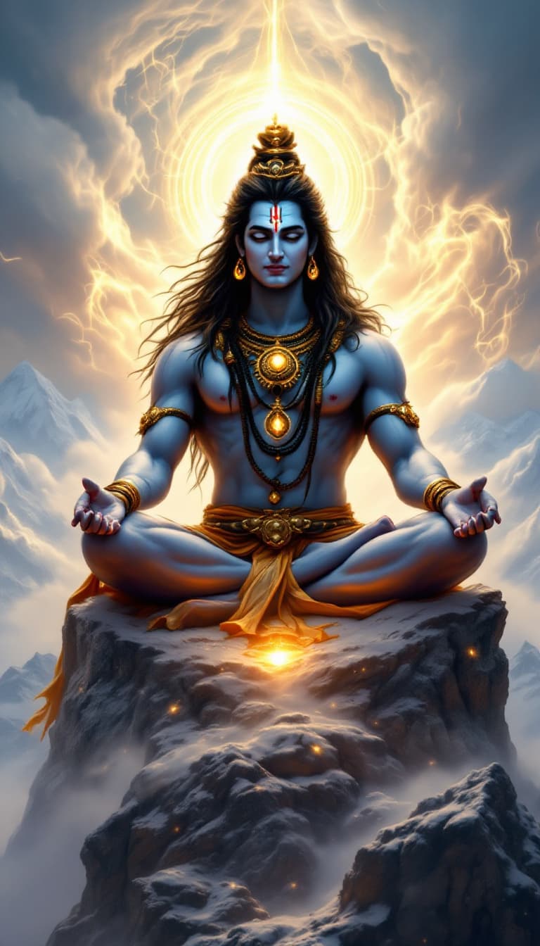 AI generated: "Generate an image of god shiva, the Hindu deity, depicted seated in meditation atop Mountain. Show ...